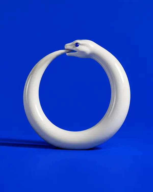 Serpiente de cerámica blanca que se muerde la cola sobre fondo azul, como el logo de SEO Sensei